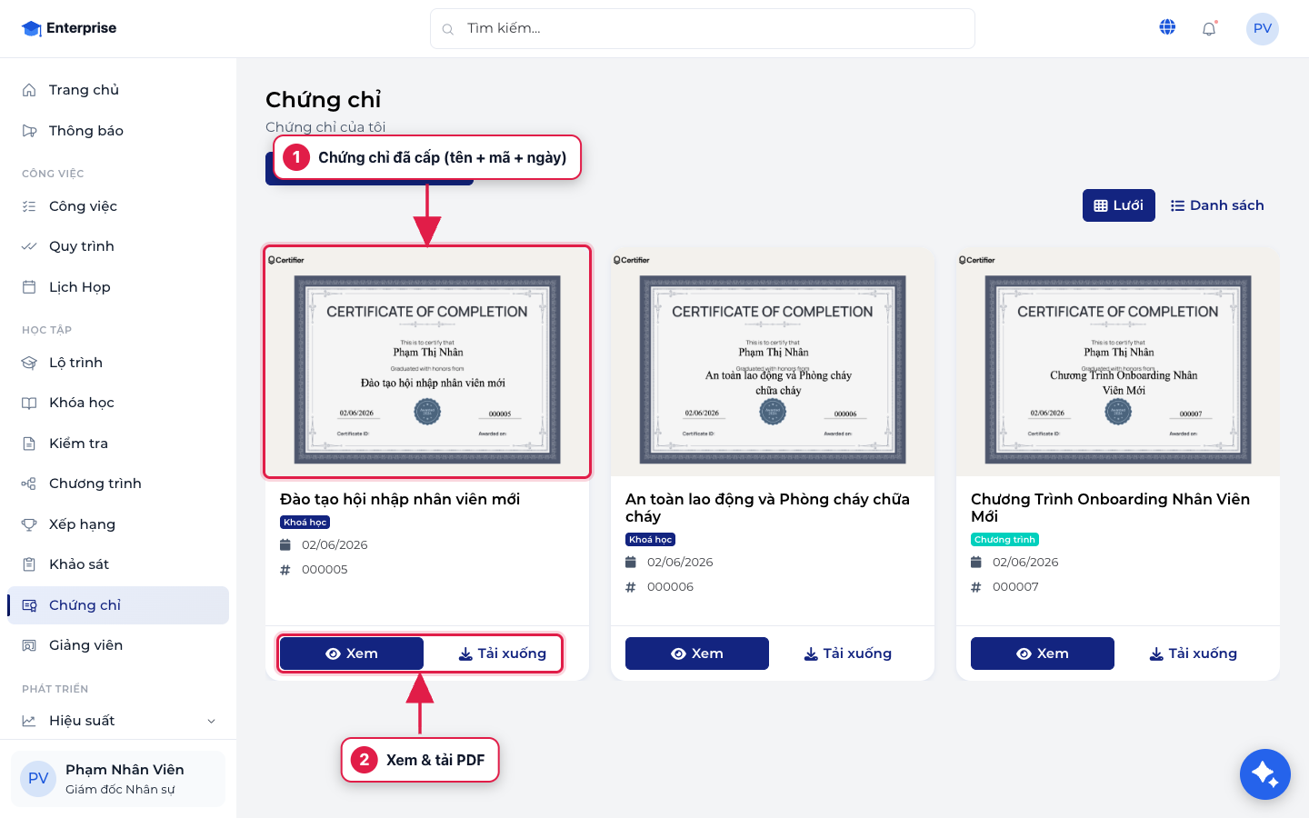 Chứng chỉ của học viên