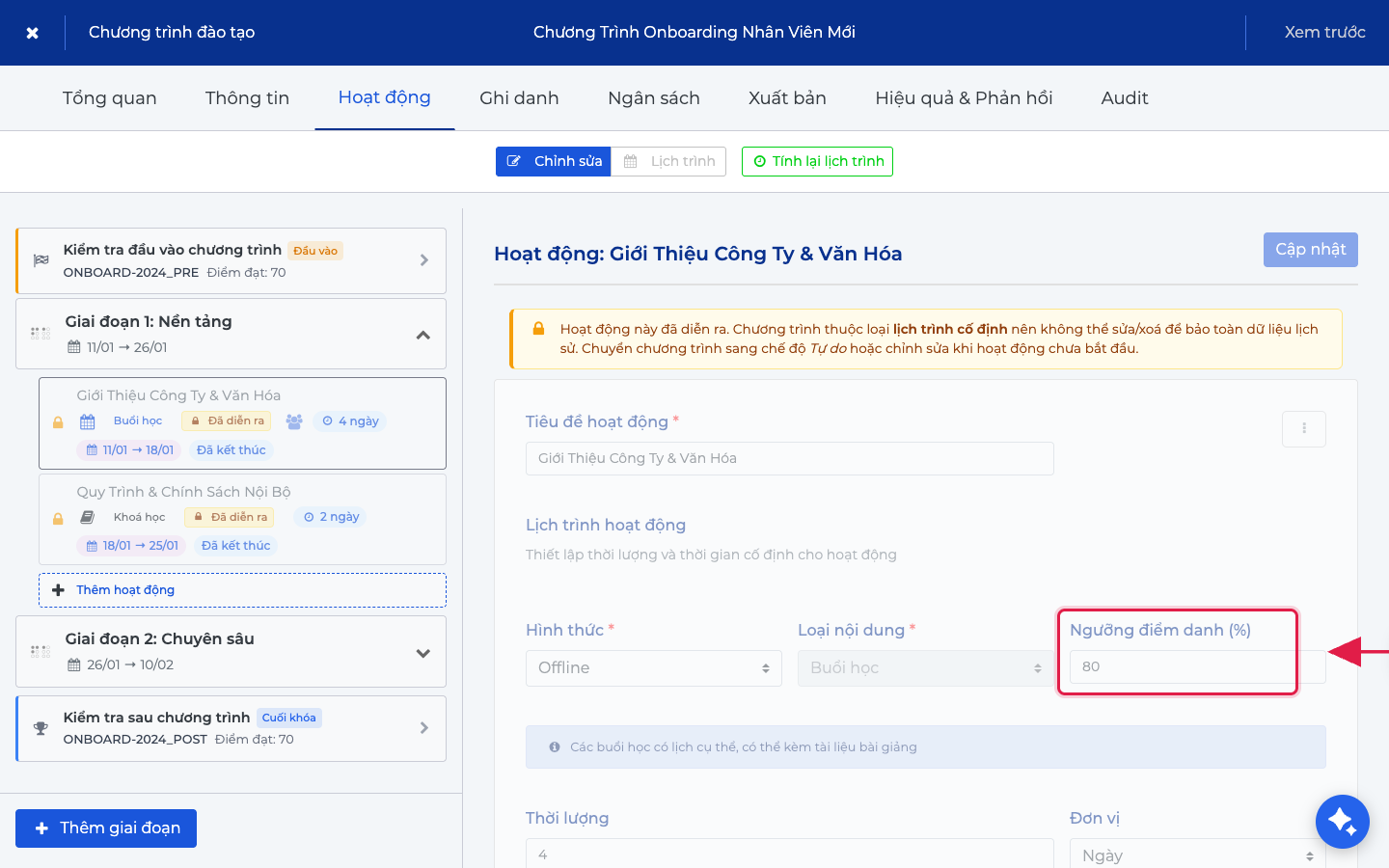 Cấu hình buổi offline & ngưỡng điểm danh