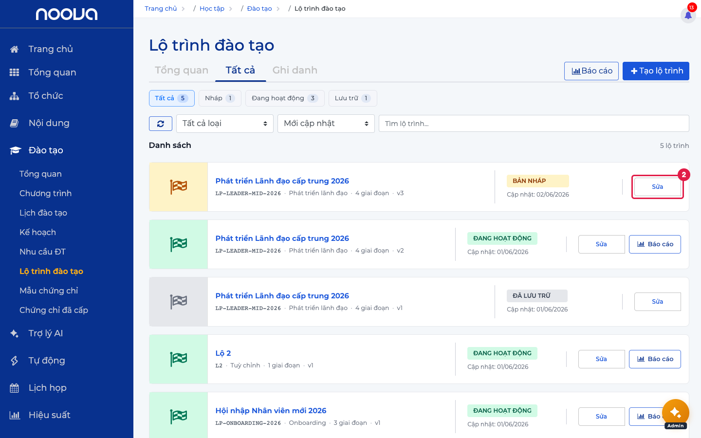 Danh sách lộ trình đào tạo
