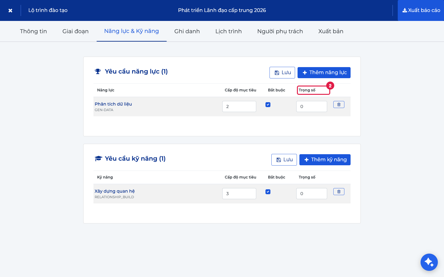 Năng lực & kỹ năng mục tiêu + trọng số