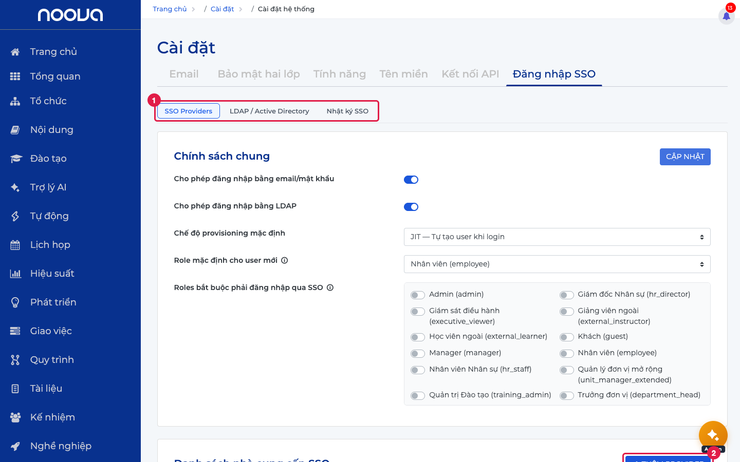 Chính sách SSO + nhà cung cấp