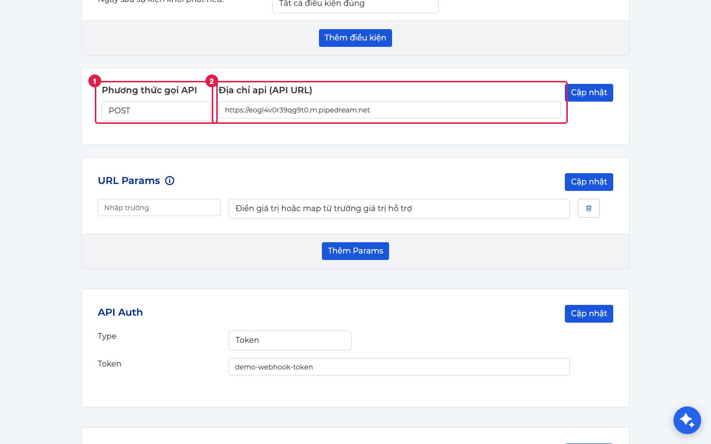Hành động API/Webhook đẩy sự kiện ra ngoài