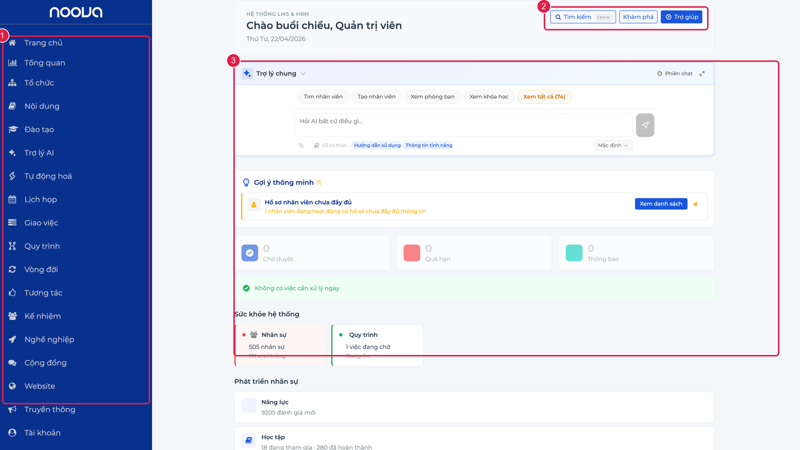 Ba vùng chính của giao diện Noova Manage