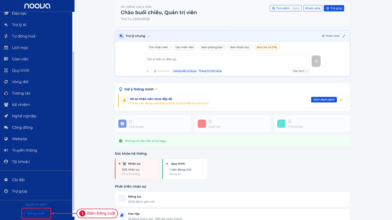 Nút Đăng xuất ở cuối sidebar