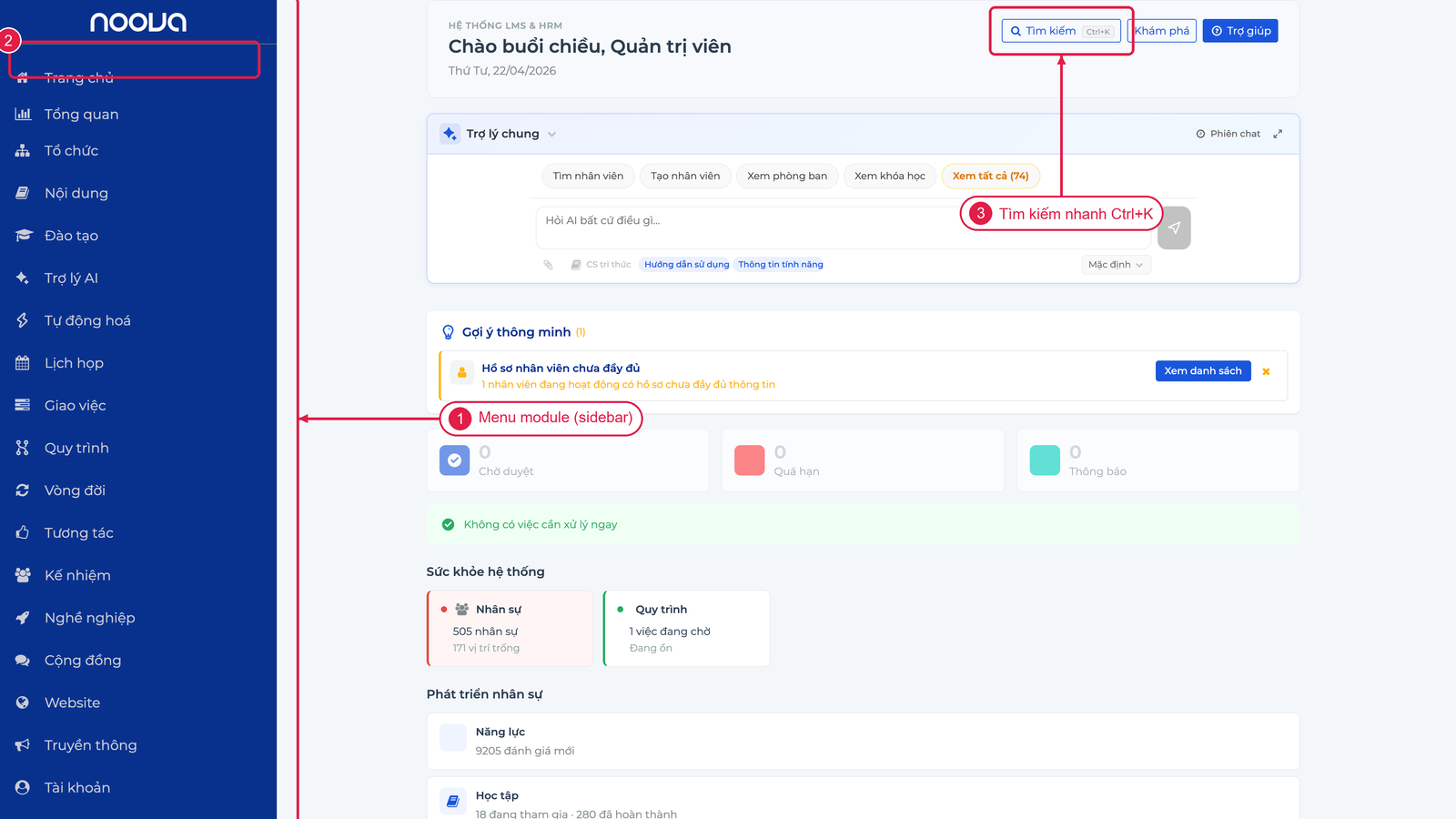 Sidebar và các module chính