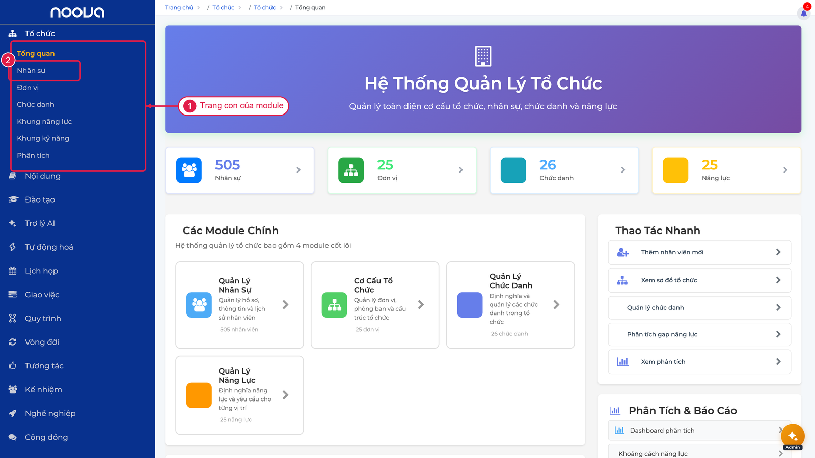 Mở module xem danh sách trang con