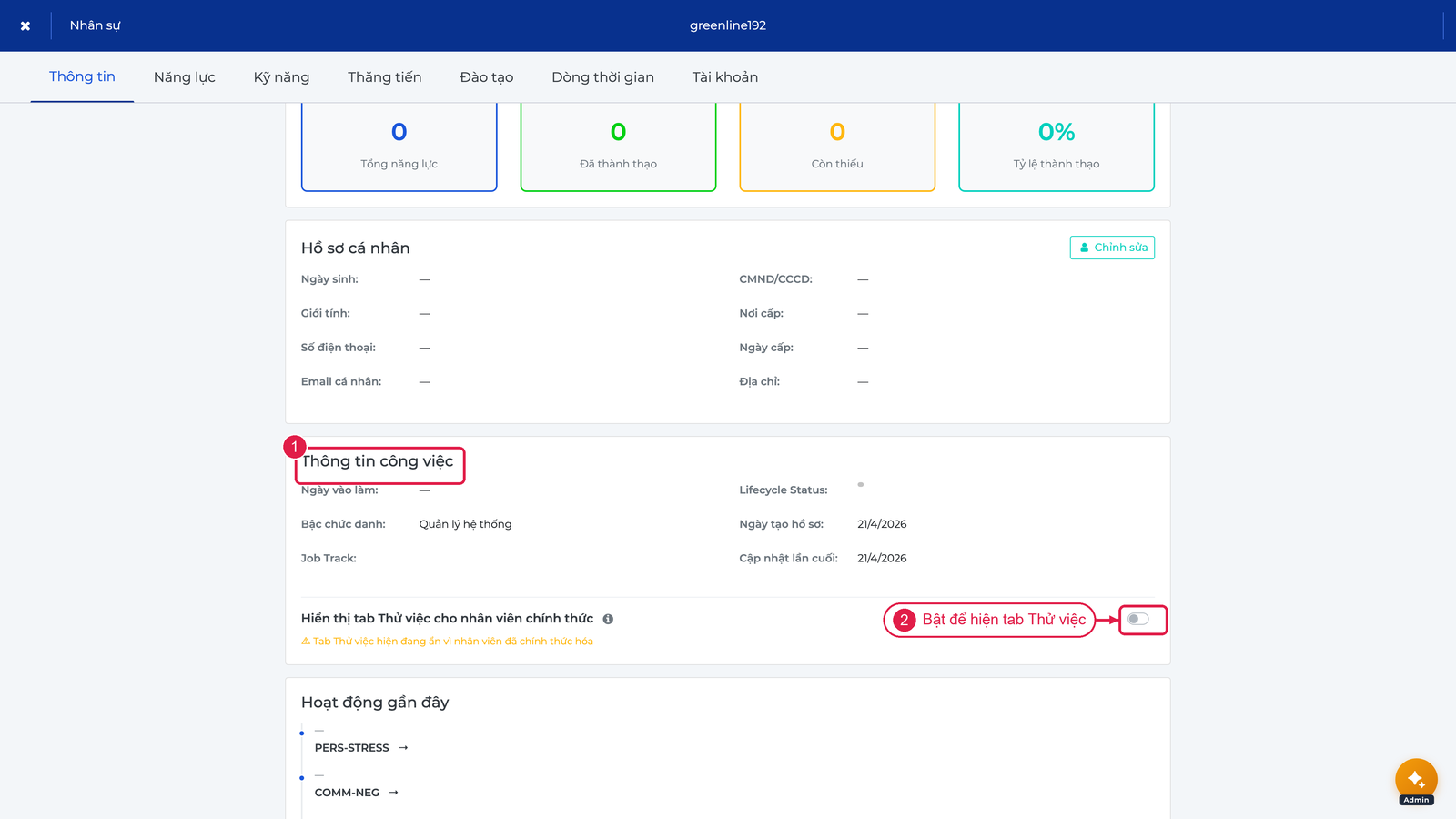 Thông tin công việc và toggle tab Thử việc