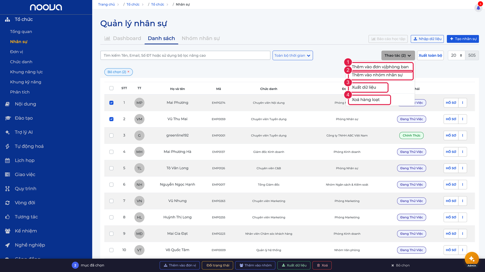 Menu Thao tác hàng loạt
