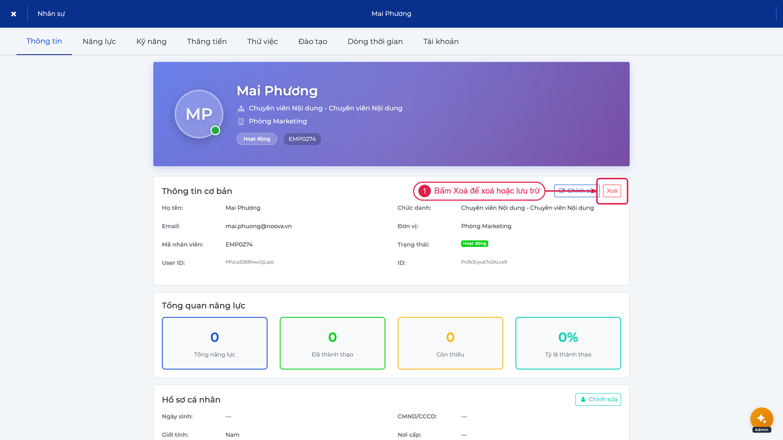 Nút Xoá trong hồ sơ nhân viên