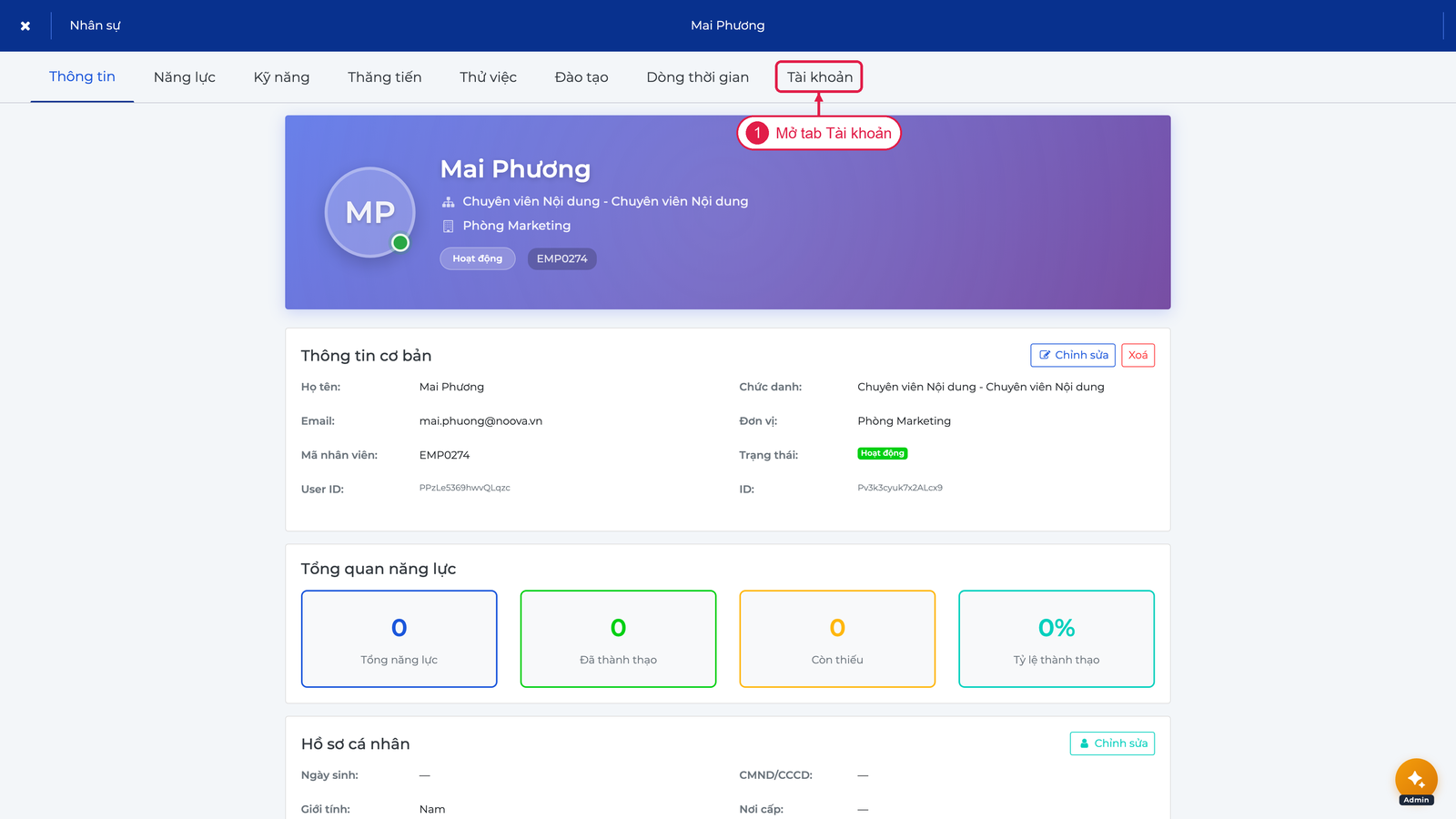 Tab Tài khoản trong hồ sơ