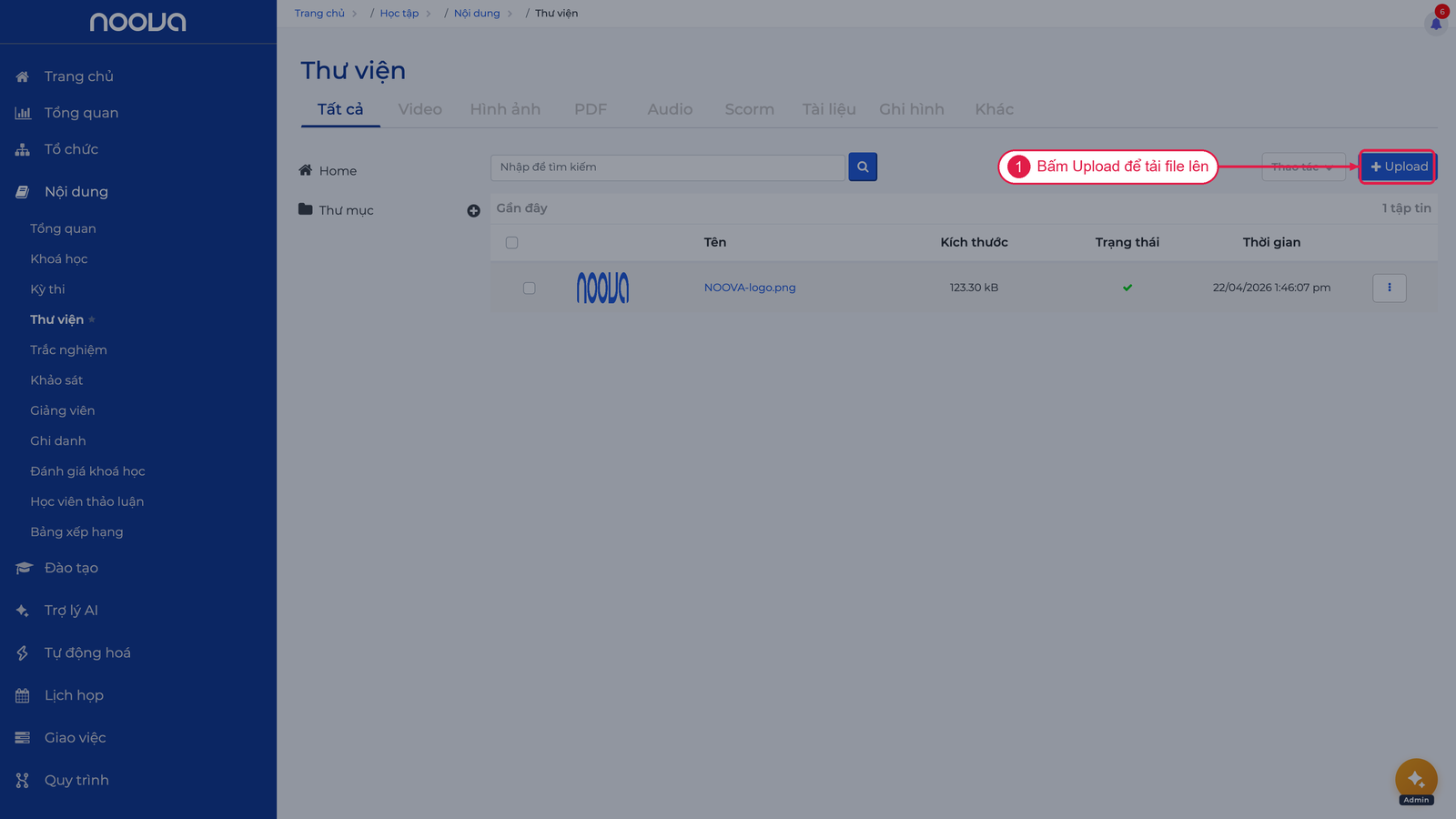 Nút Upload để tải file lên thư viện