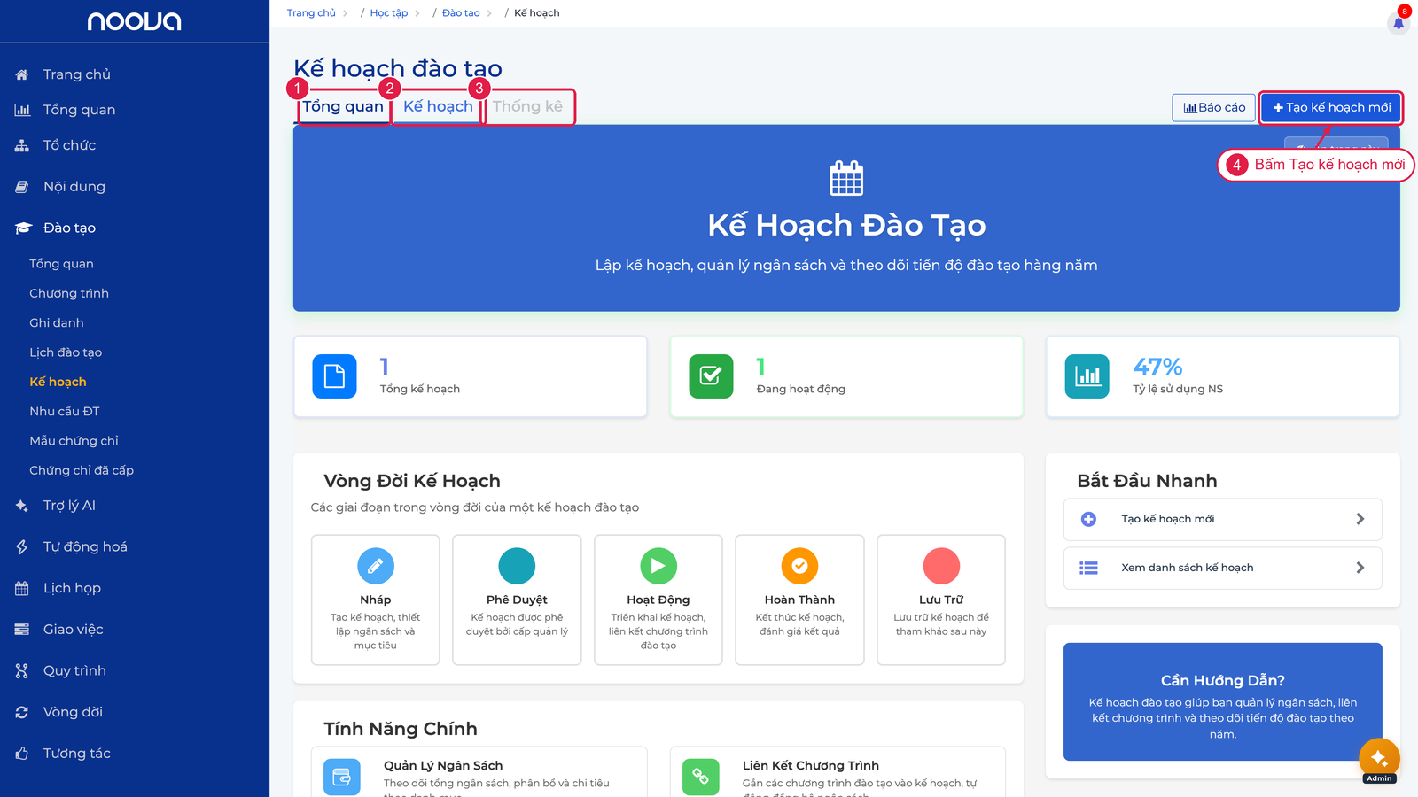 Ba tab và nút Tạo kế hoạch mới