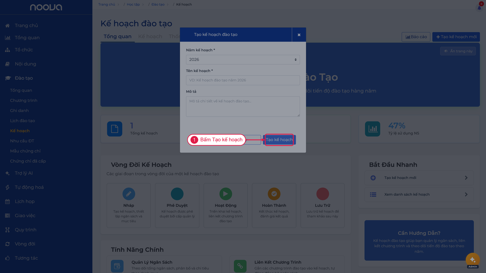 Hộp thoại tạo kế hoạch