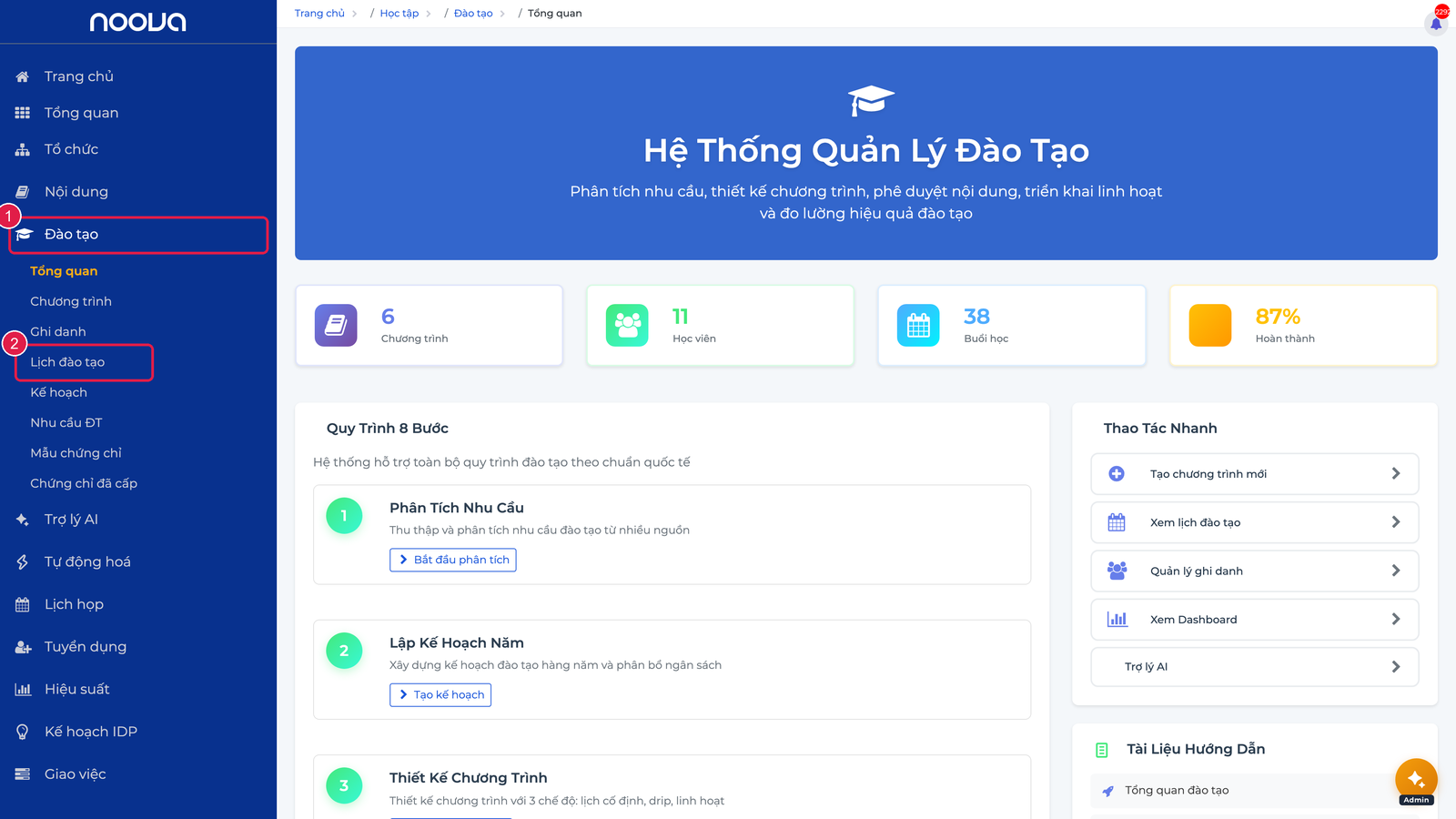 Điều hướng vào Lịch đào tạo từ menu