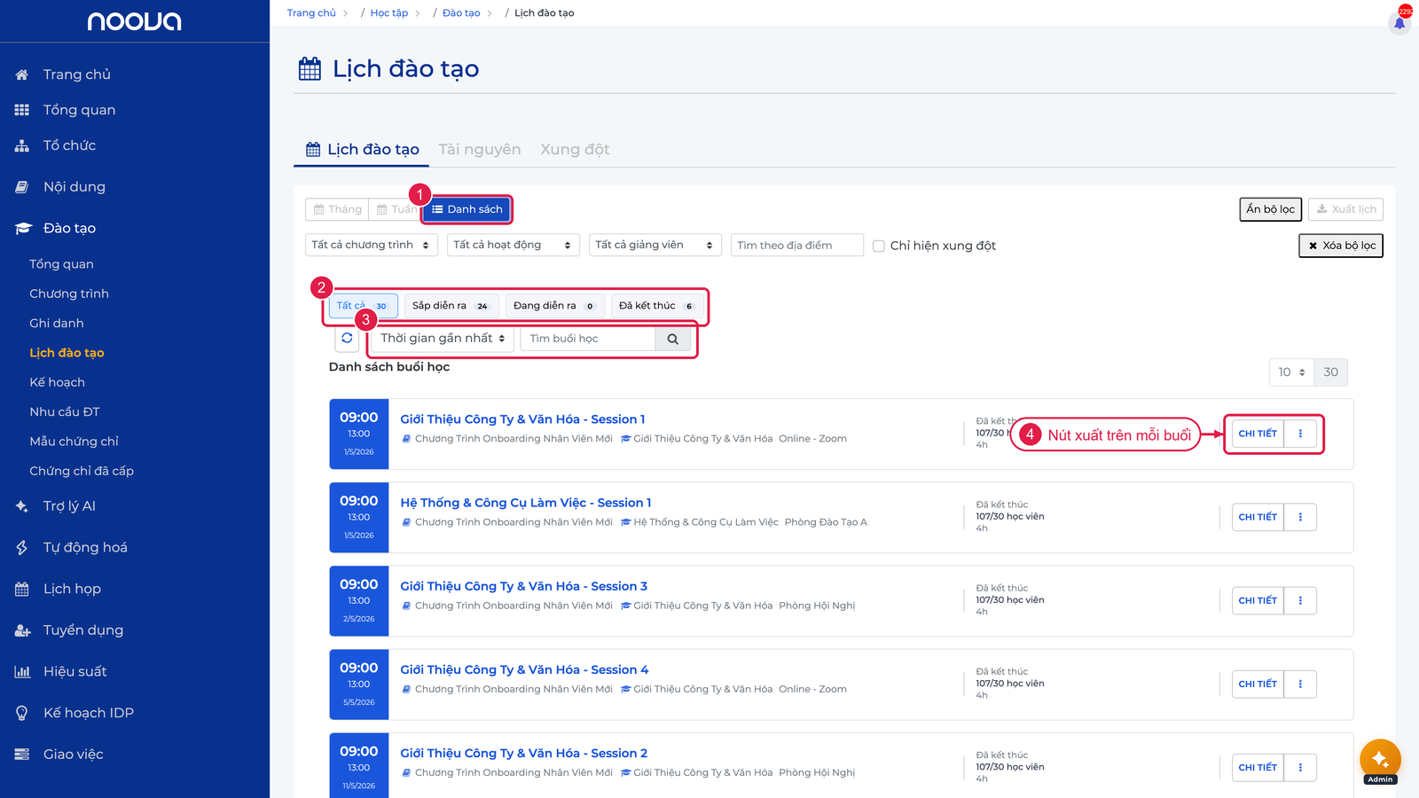 Chế độ xem Danh sách buổi học