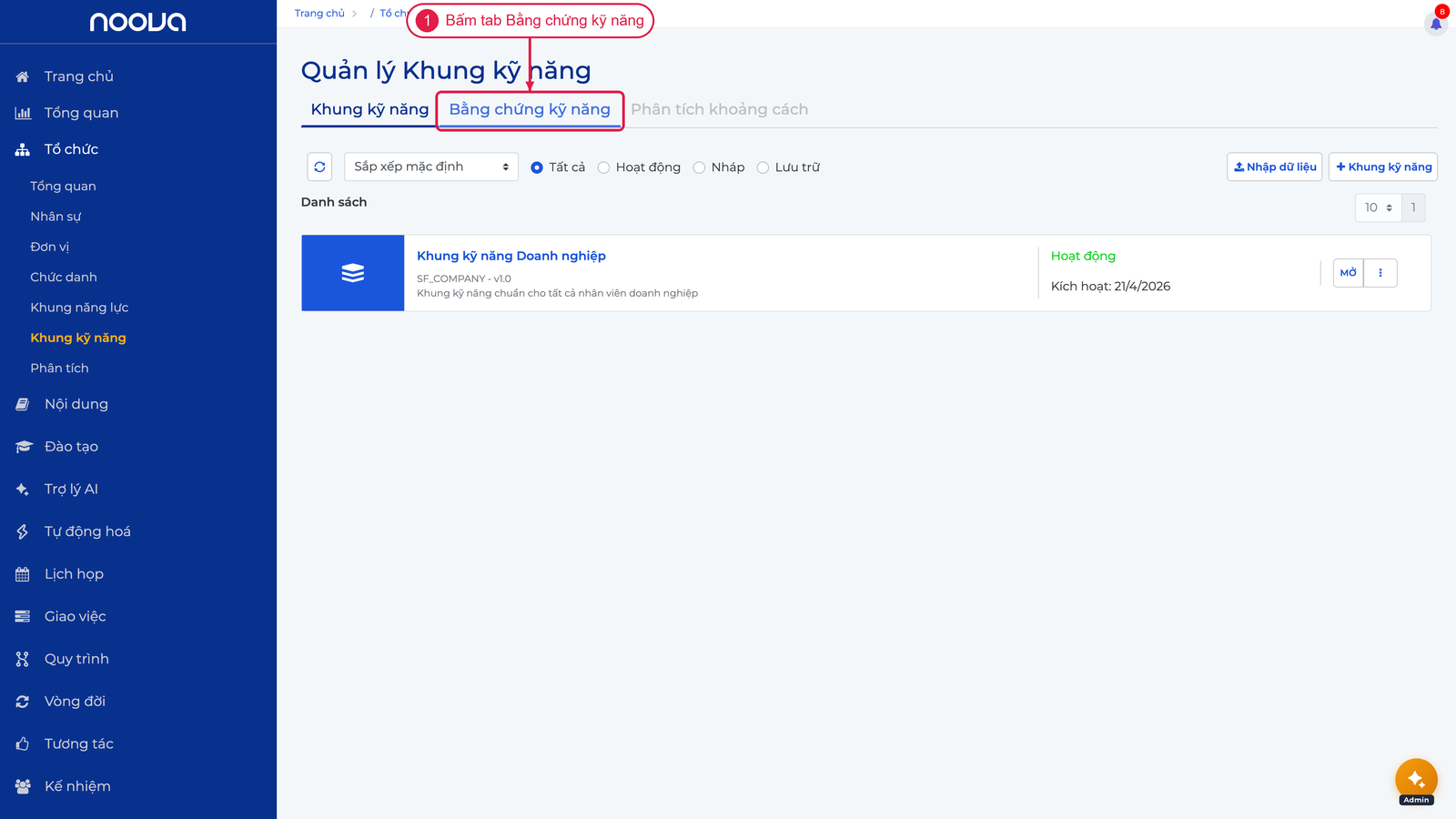 Vị trí tab Bằng chứng kỹ năng trong Quản lý Khung kỹ năng