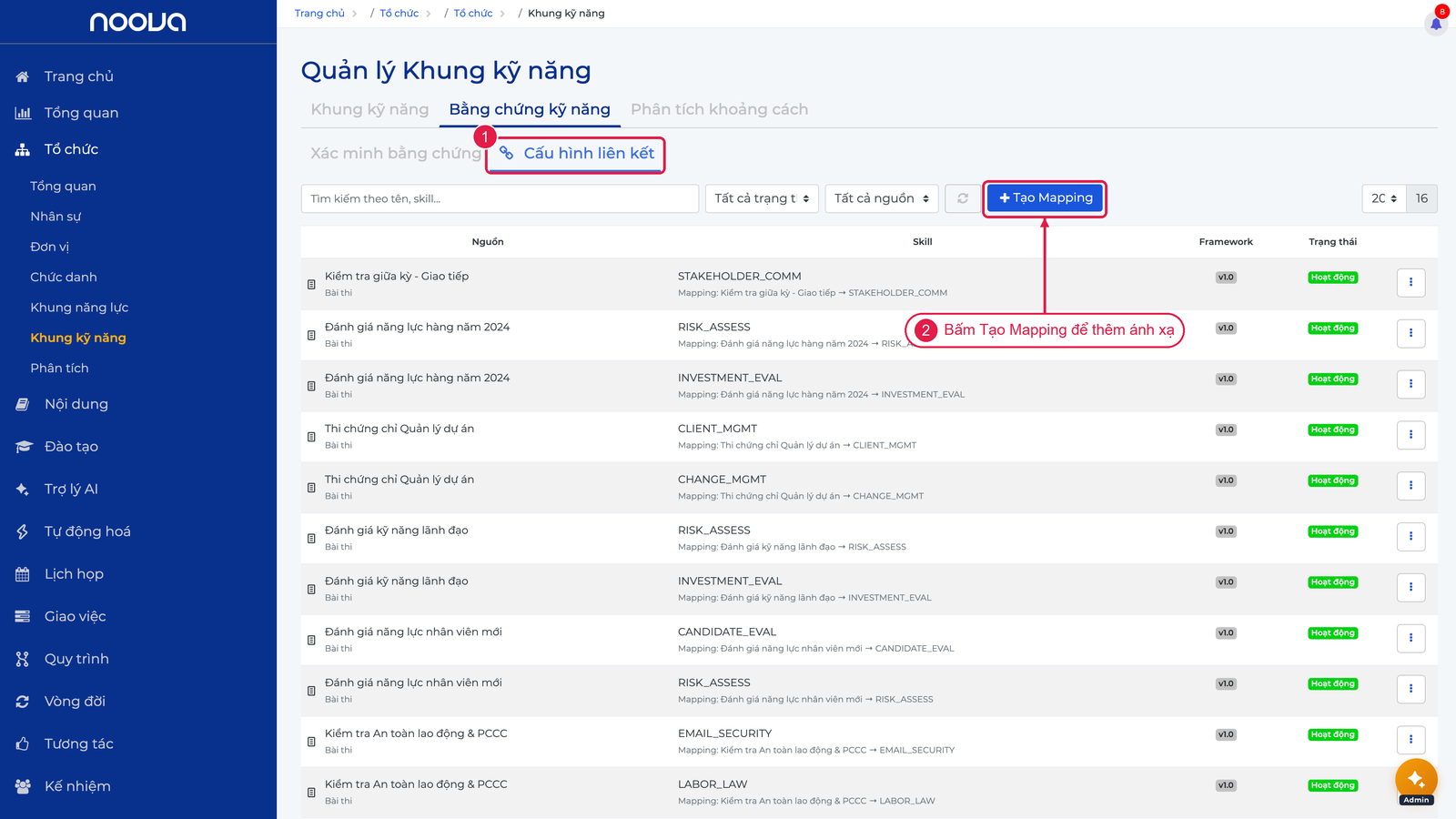 Sub-tab Cấu hình liên kết và nút Tạo Mapping