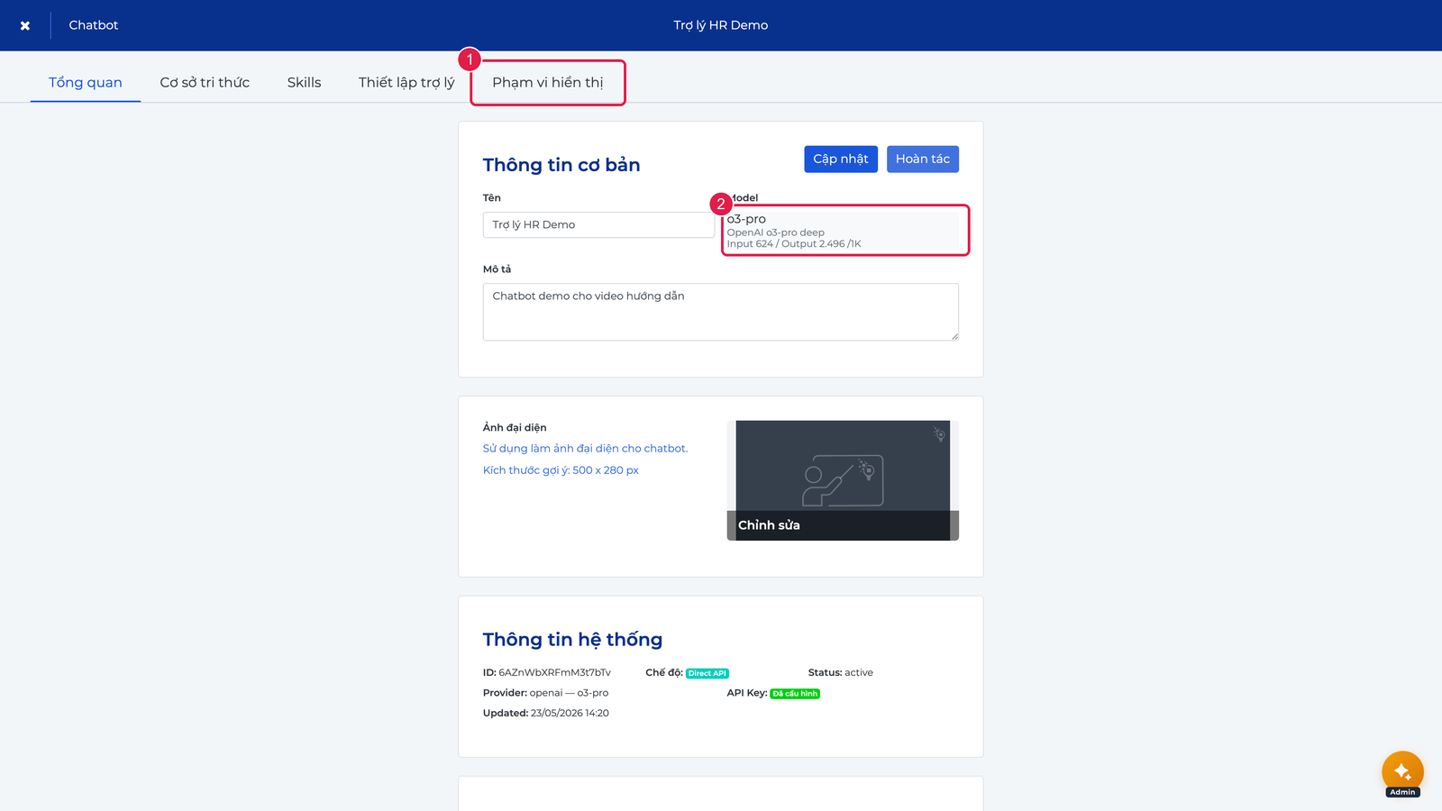 Trang Settings chatbot, tab Tổng quan
