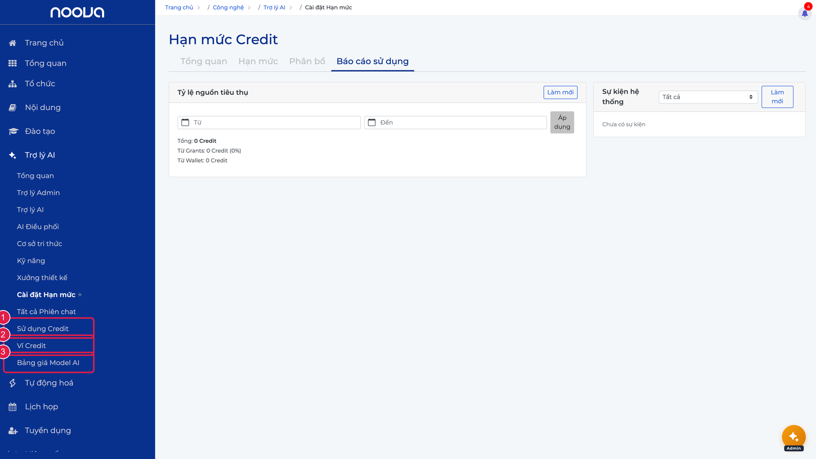 Ba sub-page của module Credit trên sidebar