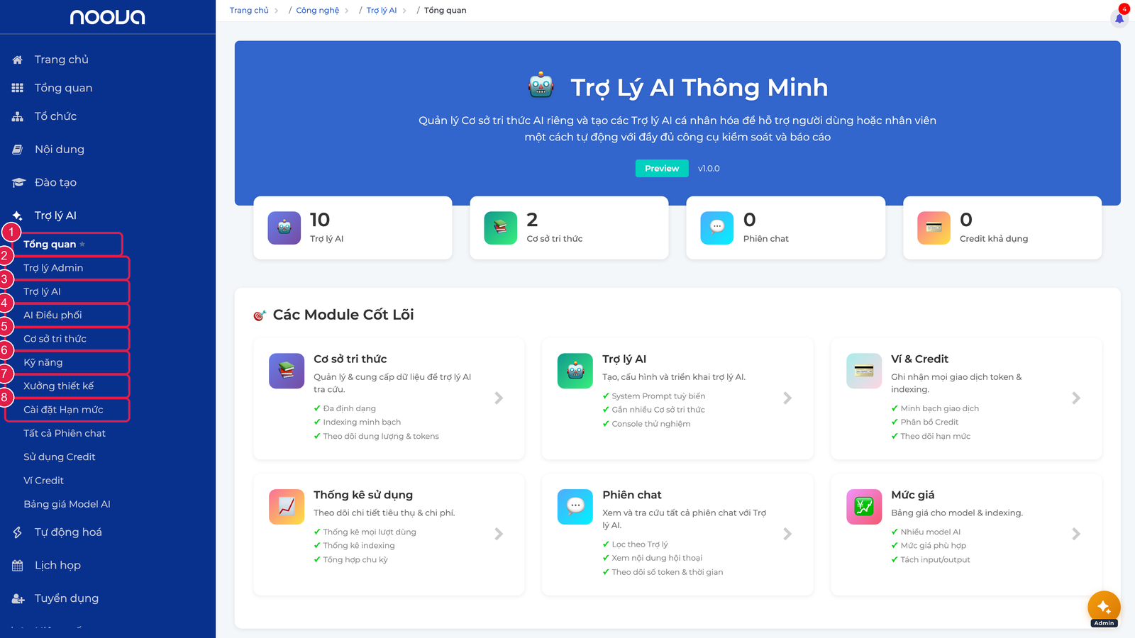 Menu các sub-module Trợ lý AI