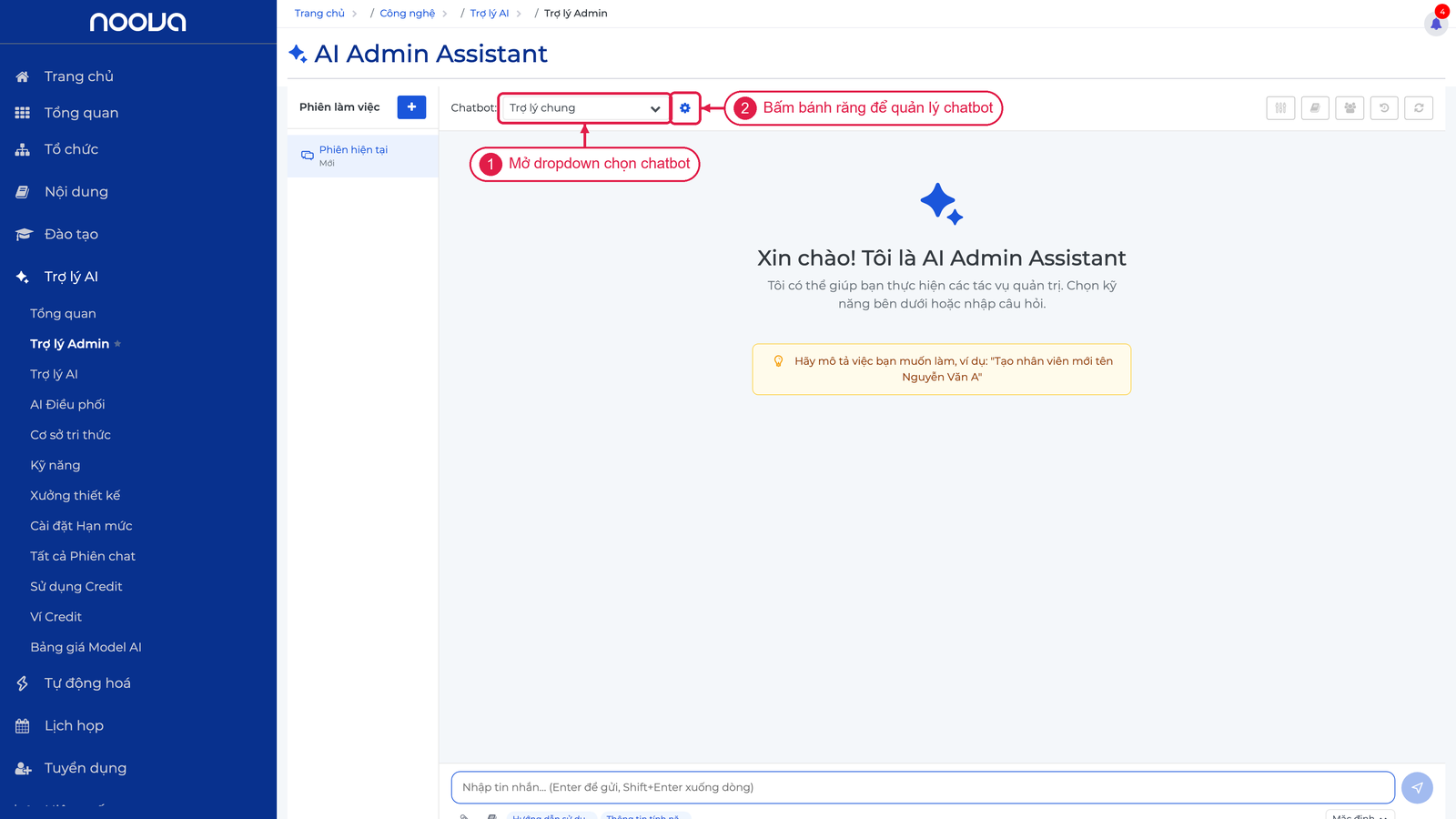 Thanh công cụ chọn chatbot AI Admin