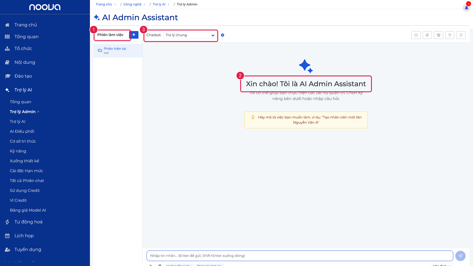 Bố cục ba khu vực của AI Admin Assistant