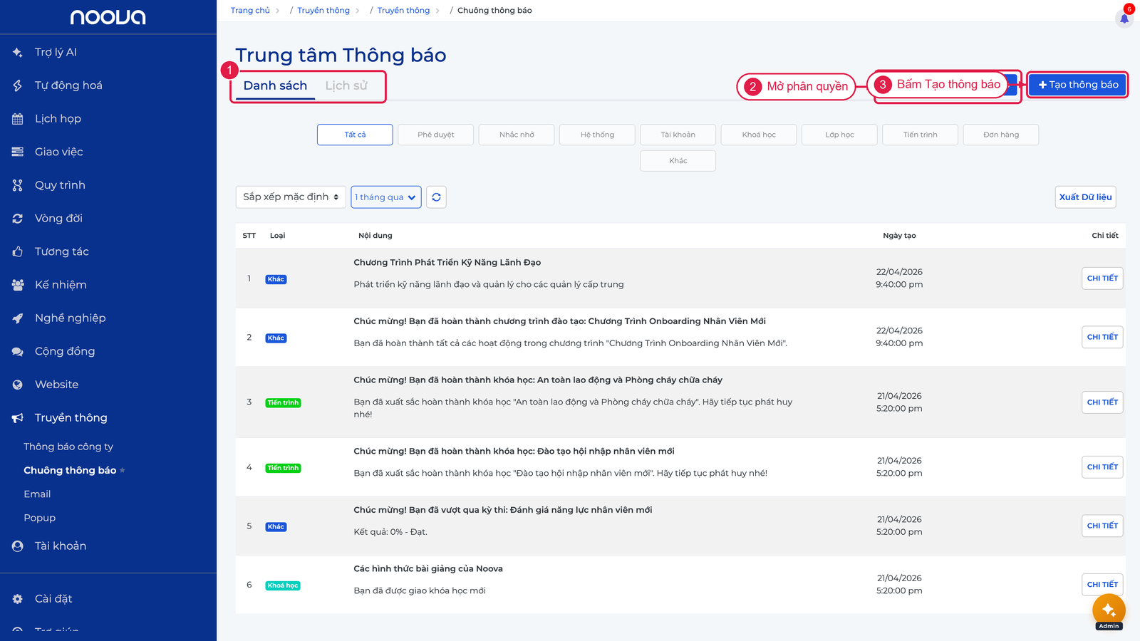 Giao diện Trung tâm Thông báo