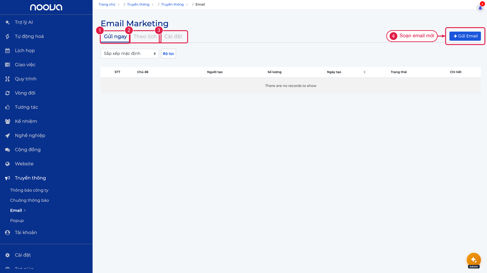 Tổng quan trang Email với ba tab và nút Gửi Email
