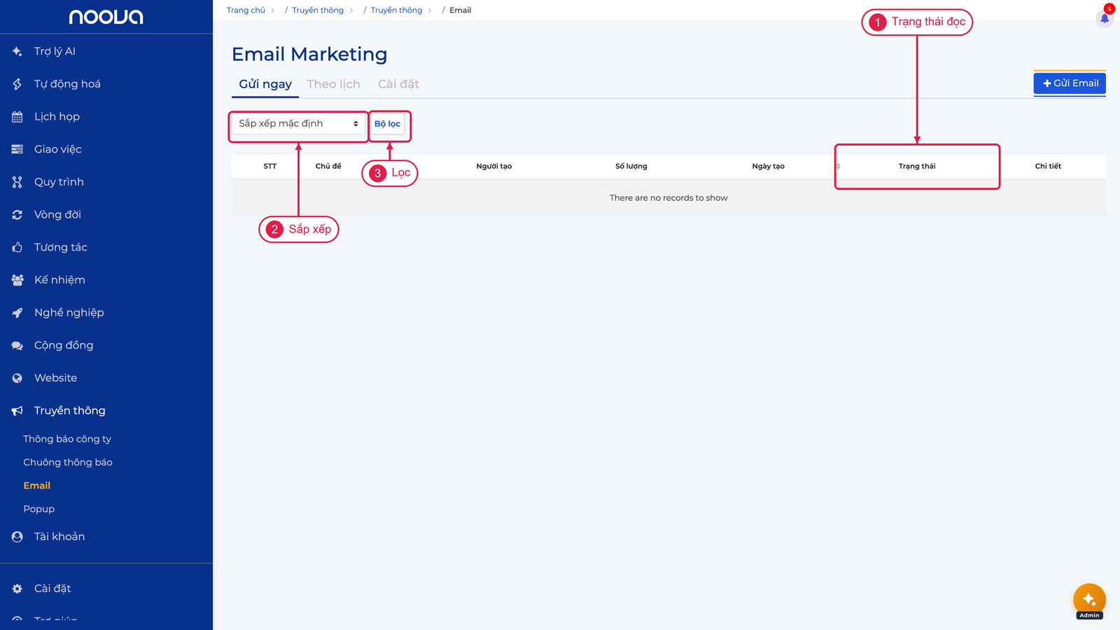 Bảng email đã gửi với cột Trạng thái