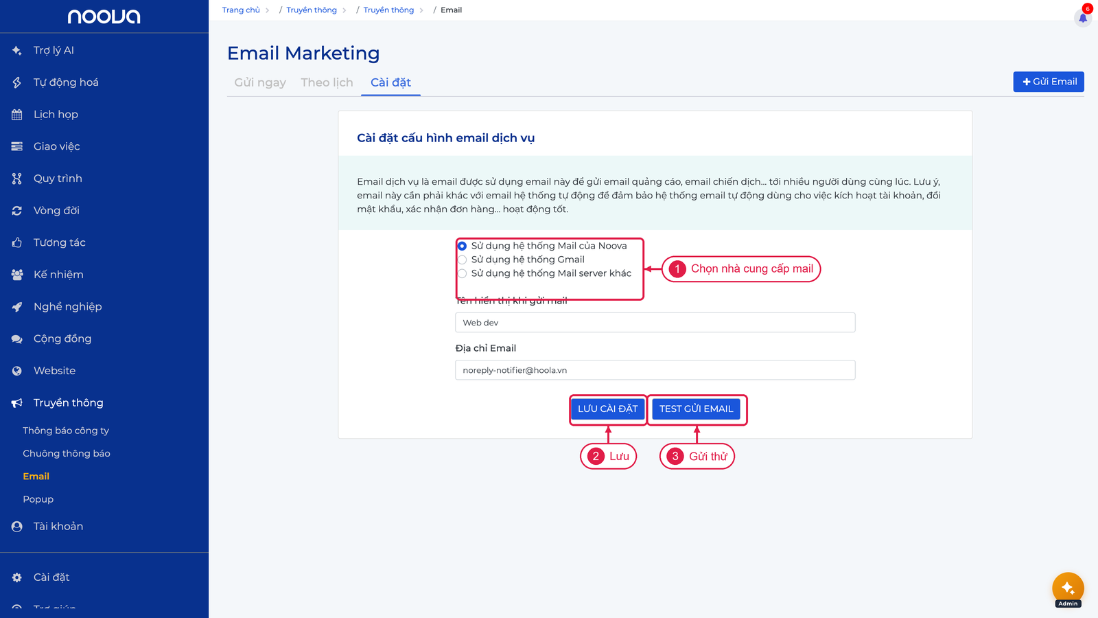 Cài đặt cấu hình email dịch vụ