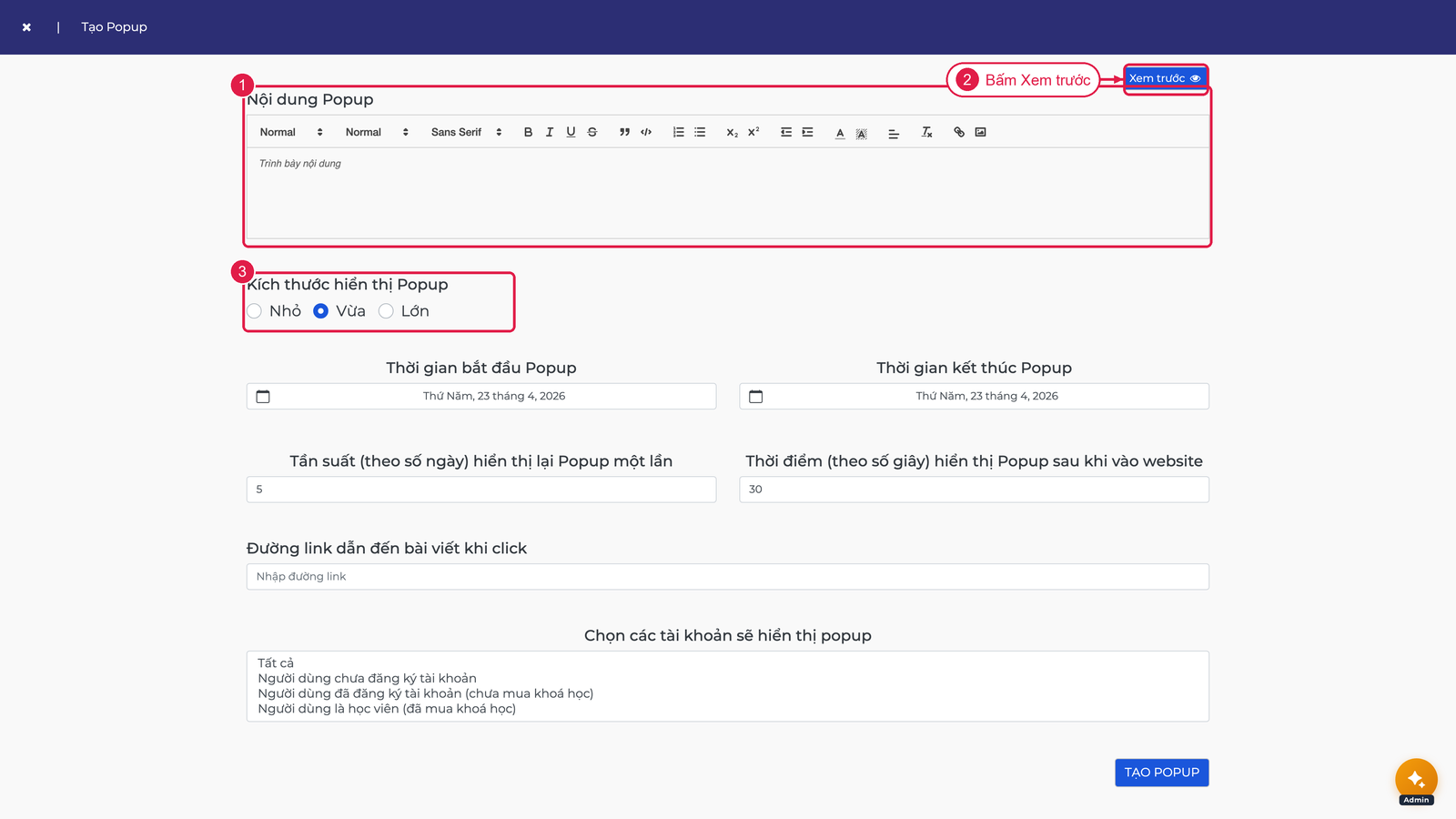 Form tạo popup - nội dung và kích thước