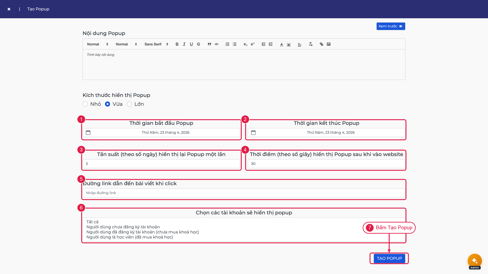Cấu hình lịch, tần suất và đối tượng popup