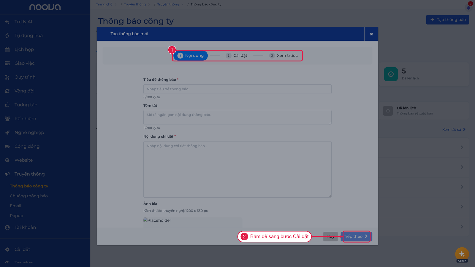 Hộp thoại tạo thông báo, bước Nội dung