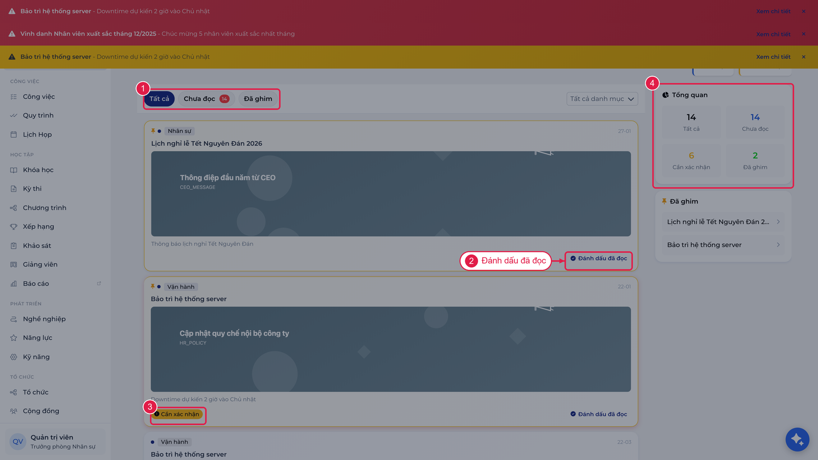 Thông báo hiển thị phía nhân viên trên Employee Portal
