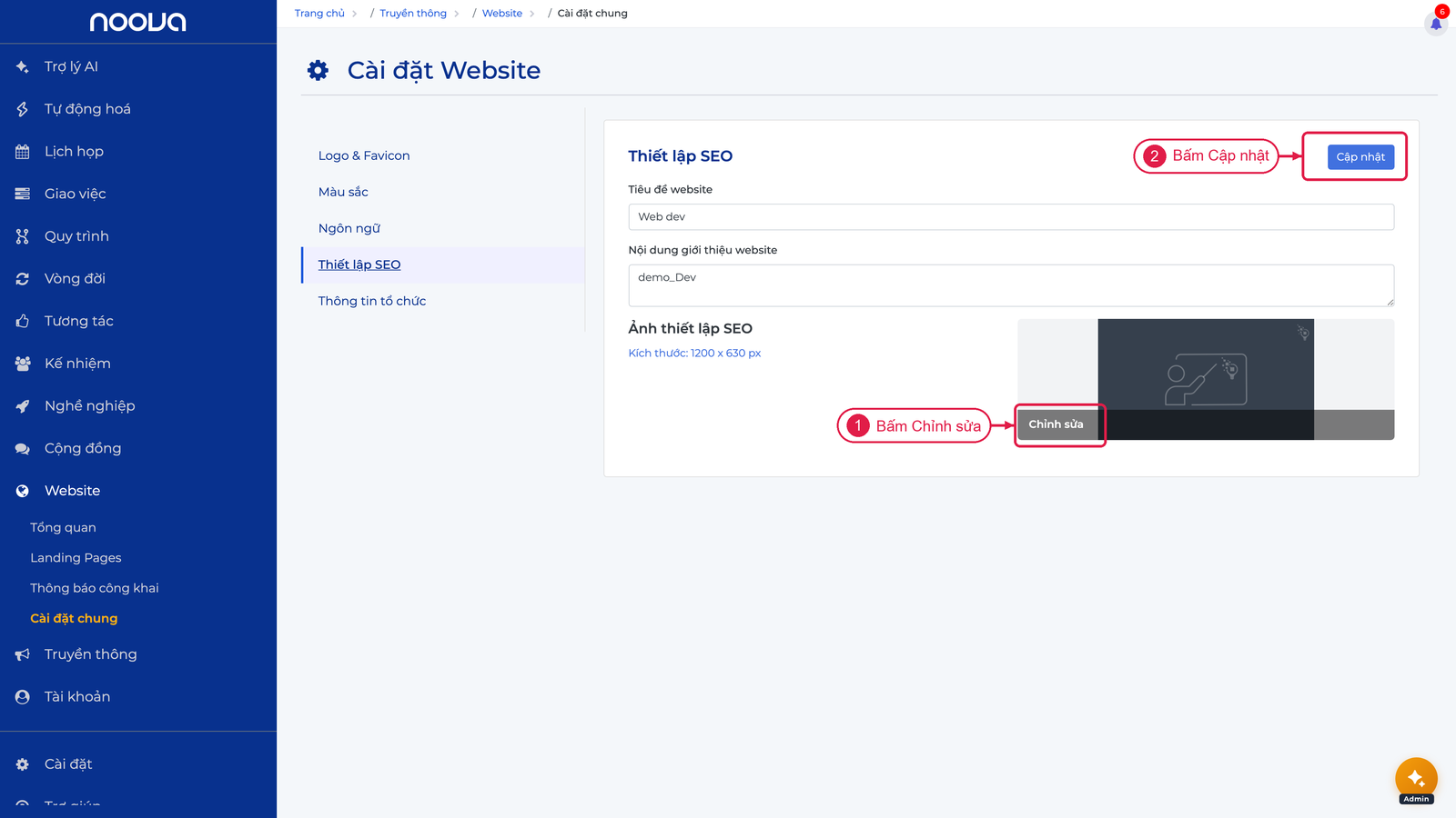 Tab Thiết lập SEO