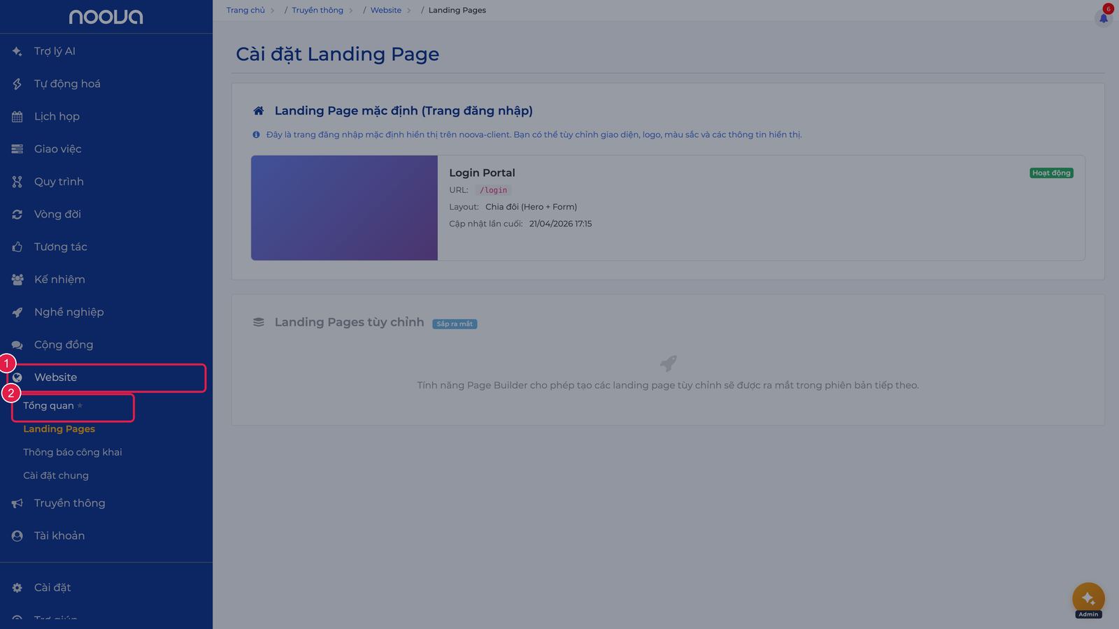 Điều hướng vào Website > Landing Pages