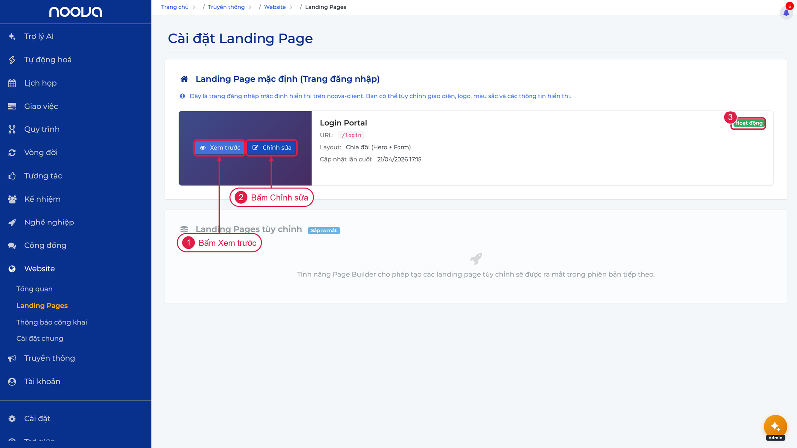 Thẻ Landing Page mặc định với nút Xem trước và Chỉnh sửa