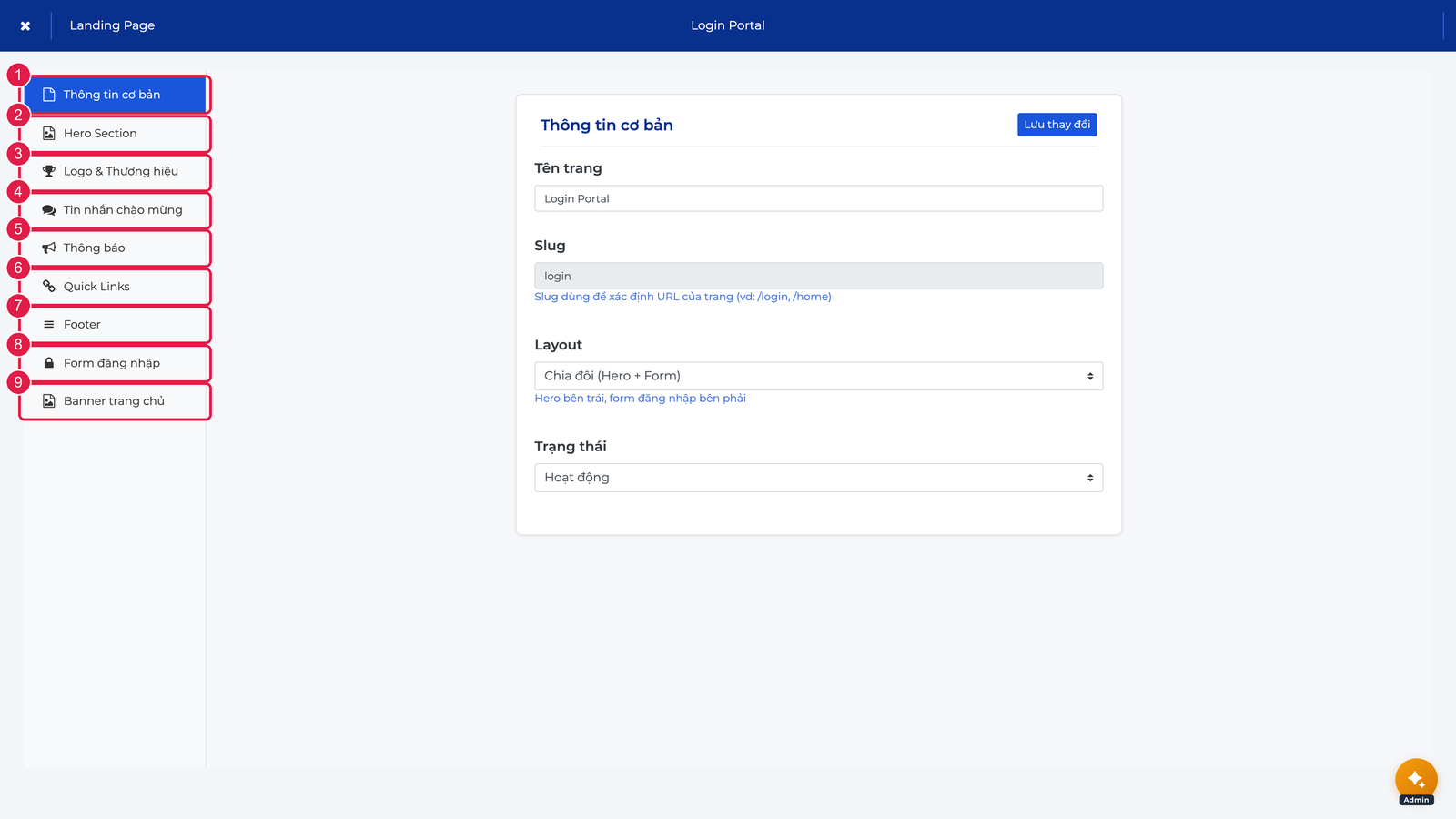 Sidebar chín phần của trình chỉnh sửa Landing Page