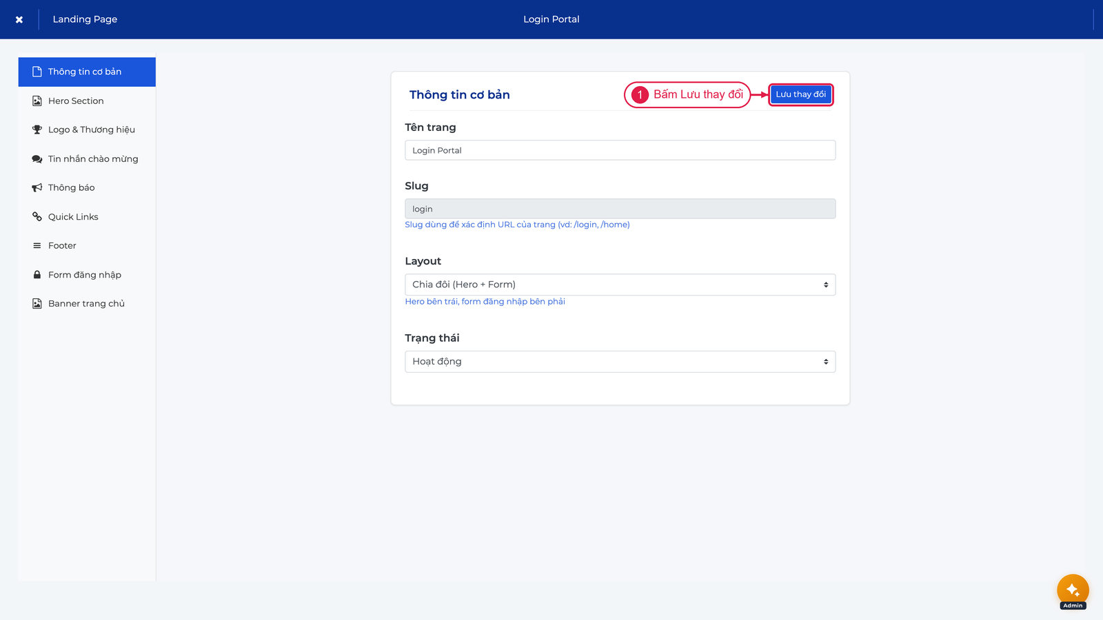 Mục Thông tin cơ bản trong trình chỉnh sửa Landing Page