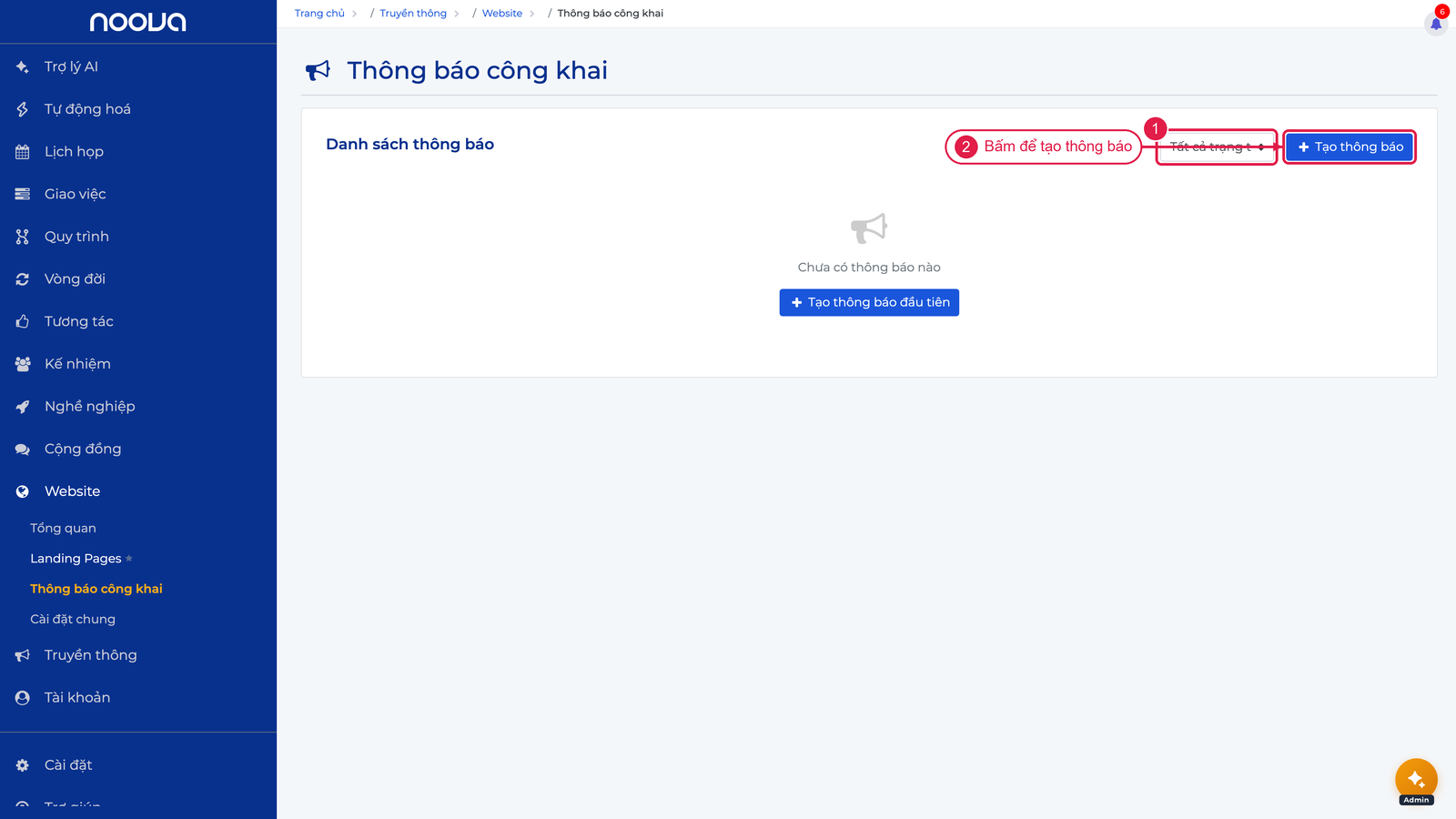 Trang danh sách thông báo công khai