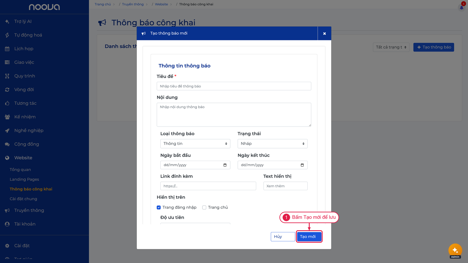 Form tạo thông báo mới