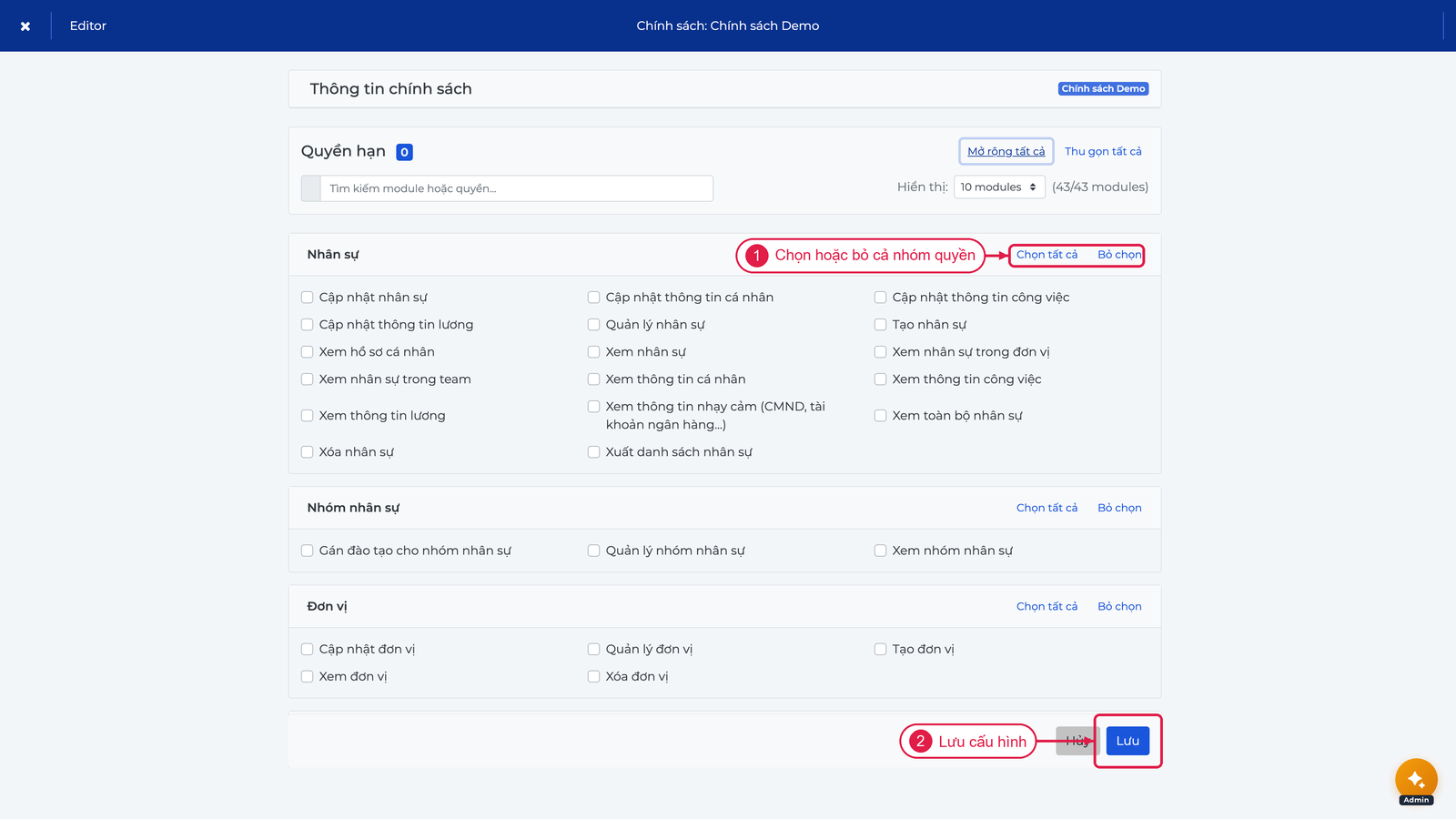 Danh sách quyền theo module và nút Lưu