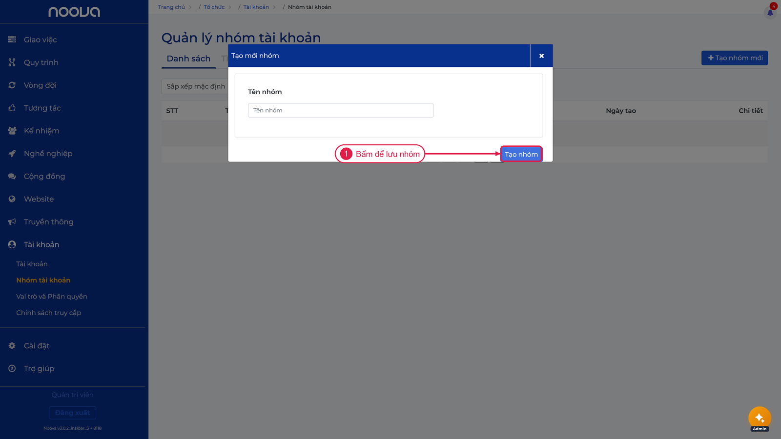 Popup tạo nhóm mới