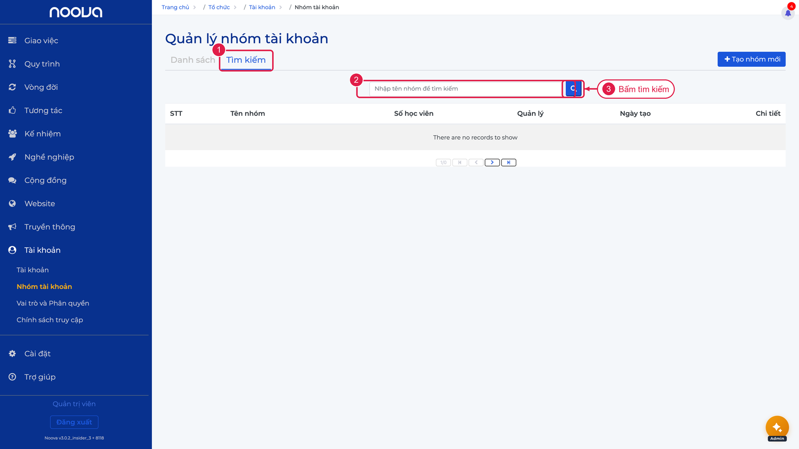 Tìm kiếm nhóm tài khoản