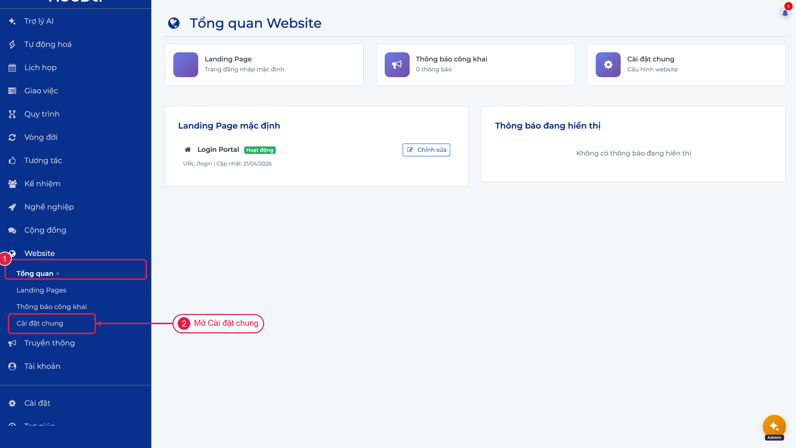 Điều hướng vào trang Cài đặt Website