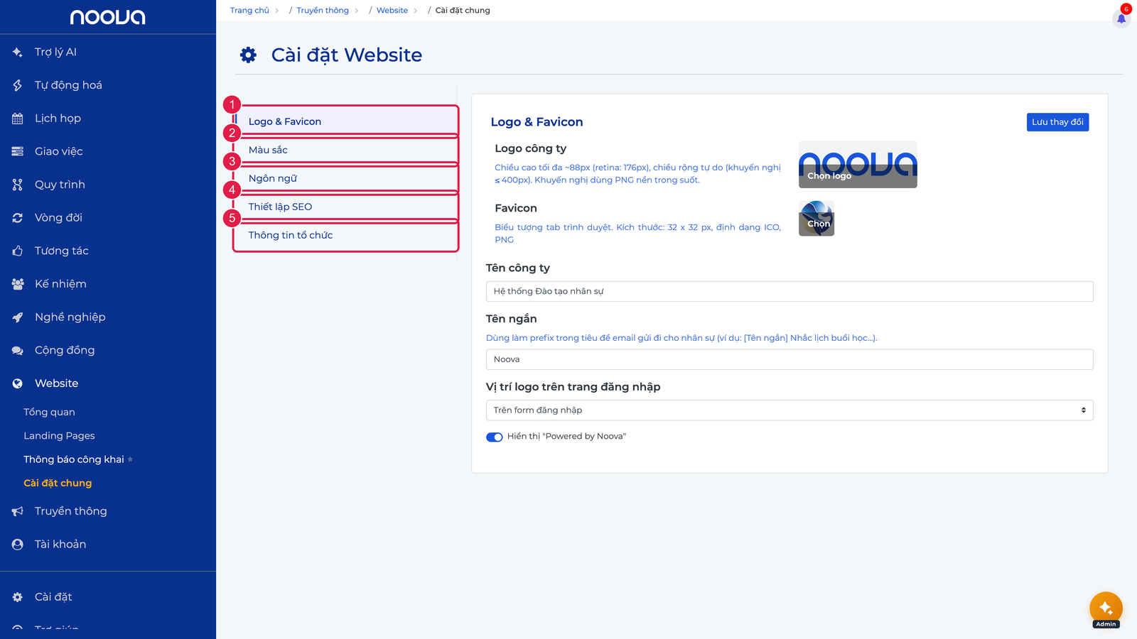 Bố cục 2 cột và 5 sub-tab của trang Cài đặt Website