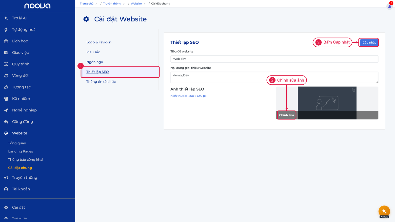 Sub-tab Thiết lập SEO