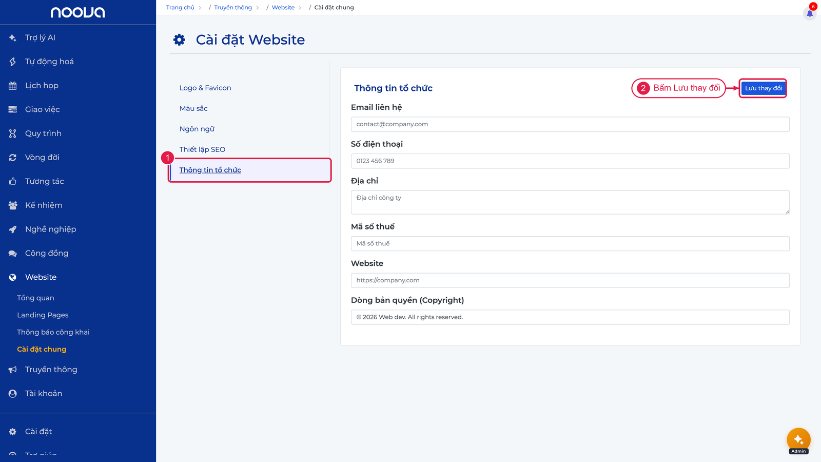 Sub-tab Thông tin tổ chức