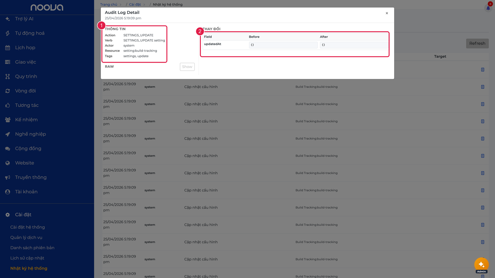 Hộp thoại chi tiết bản ghi audit log