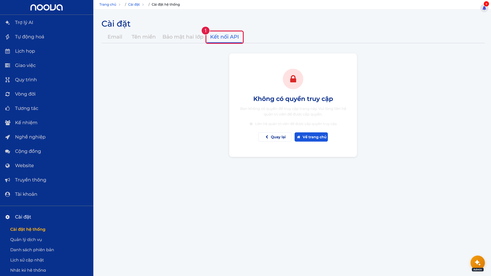 Tab Kết nối API yêu cầu quyền chủ sở hữu